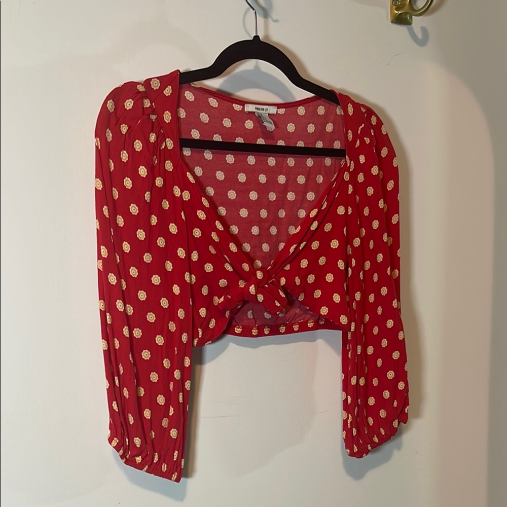 Red and Yellow Flower Tie Front Crop Top